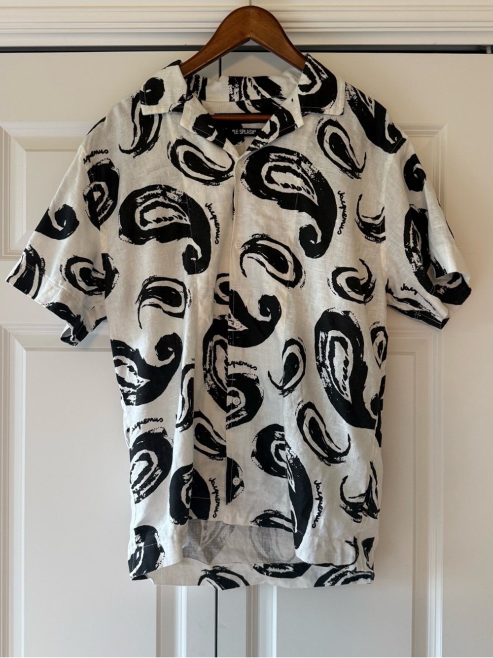 Jacquemus Le Splash Shirt Mens S/M White Black Print Camp Collar Short Sleeve